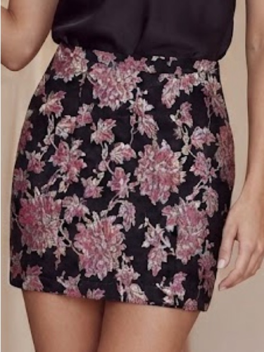 For Love & Lemons Black Mini Skirt with Pink Floral Jacquard